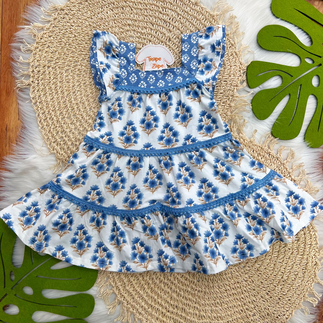  Vestido Floral com Plantas Douradas - Azul